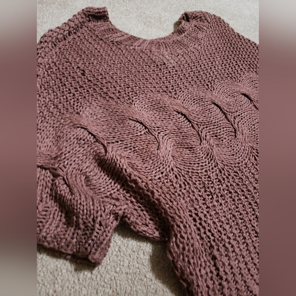 Cropped Open-Knit Crew Neck Sweater in Mauve - Picture 3 of 6